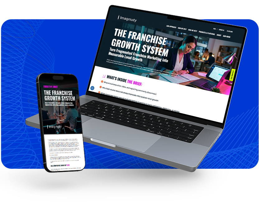Laptop and phone displaying The Franchise Growth System executive brief from Imaginuity