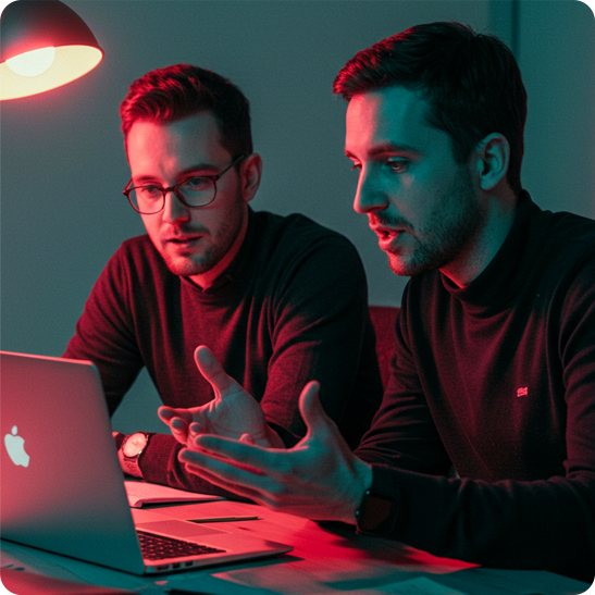 Two guys discussing something on laptop